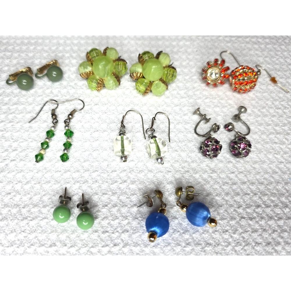 Costume Jewlery Earrings Lot of 8 Sets Rhinestone Beaded Clip Dangle Mix A5